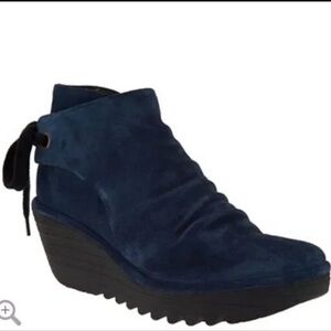 Fly London EU 38 Grey/ Navy Blue Suede Platform Wedges Tie Back Comfort Shoes